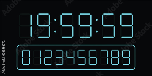 Set of blue led digital clock number isolated on black background. electronic figures for counter or calculator mockup interface design.