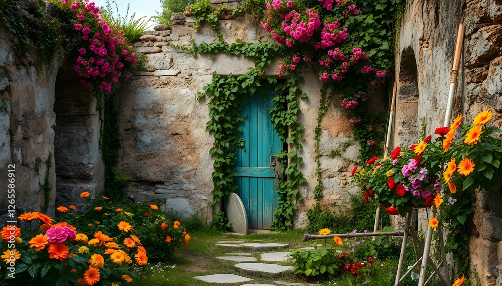 Fototapeta premium Charming Stone Cottage Entrance with Vibrant Floral Display