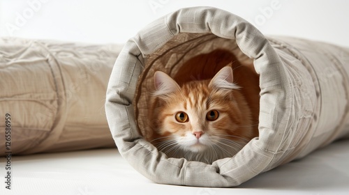 A crinkly tunnel toy for cats in a neutral color. The lightweight fabric collapses easily for storage.
