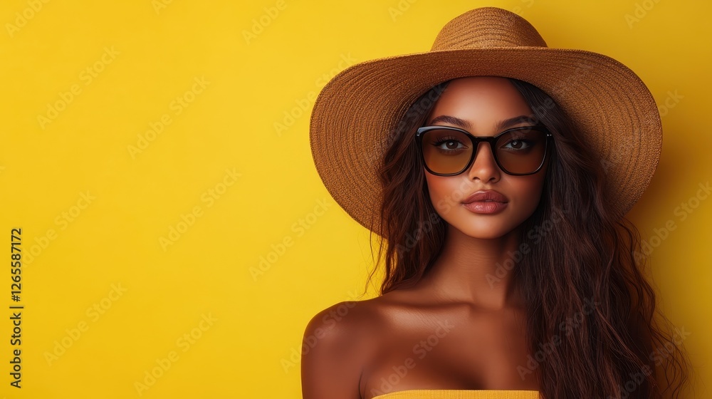 A fashionable woman dons stylish sunglasses and a brown hat, presenting an elegant summer feel against a vibrant yellow backdrop that radiates warmth. A fashionable woman dons stylish sunglasses and a brown hat, presenting an elegant summer feel against a vibrant yellow backdrop that radiates warmth.