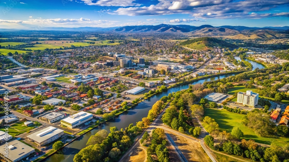 Fototapeta premium Albury NSW Aerial Drone Shot: City Outline Map & Surrounding Landscape