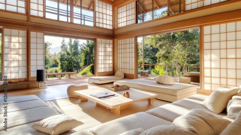 Elegant japanese style living room with natural light shining through Elegant japanese style living room with natural light shining through