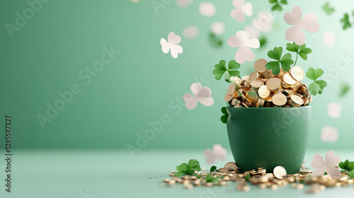 A fresh green St Patrick's Day pot of gold coins and shamrocks.  photo