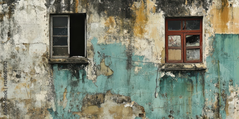 Worn facade exhibits peeling paint around two dilapidated windows Worn facade exhibits peeling paint around two dilapidated windows