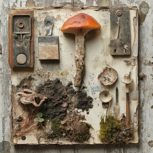 Artistic display featuring mushroom moss dirt and discarded hardware