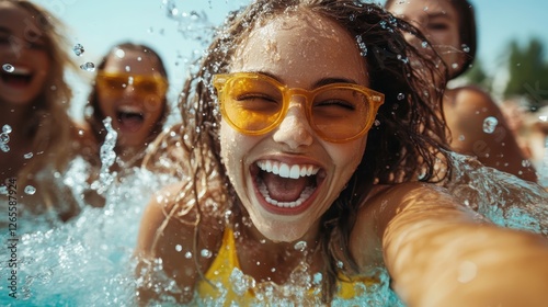 A happy young woman splashes in a swimming pool surrounded by friends, capturing the joy of summer fun and friendship, creating unforgettable memories.