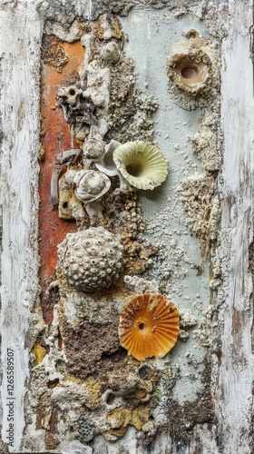 An assemblage of seashells and organic matter on aged paneling
