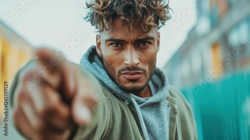 A confident man in a hoodie makes direct eye contact while pointing at the camera, exuding assertiveness and emotion in a gritty urban backdrop. photo