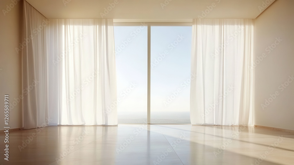 Fototapeta premium Bright room with curtains and sliding doors showcasing outside view