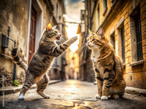 Alley Cat Brawl: Epic Street Fight Between Two Feline Rivals - Stock Photo photo