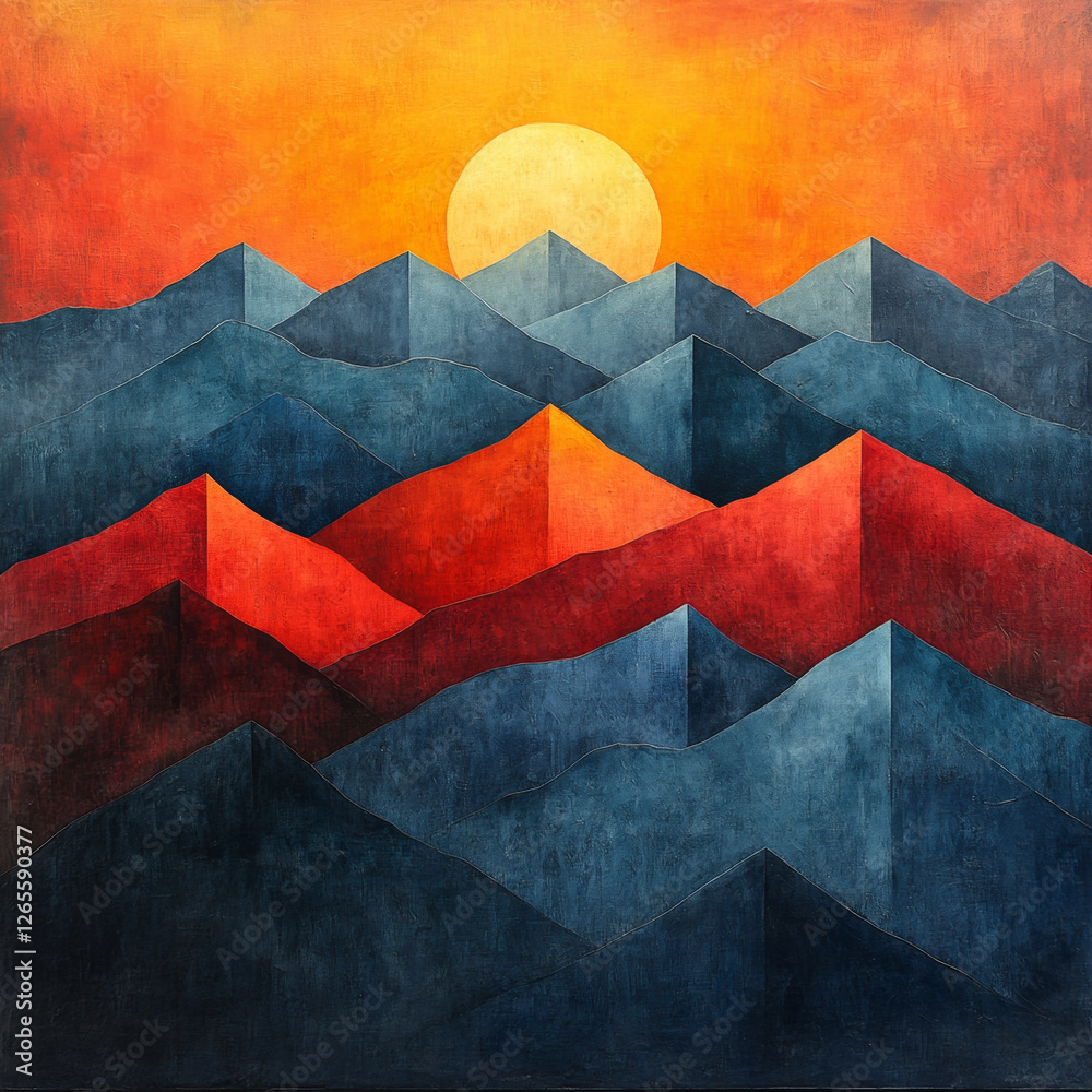 Fototapeta premium Abstract geometric mountain ranges with vibrant sunset hue create striking visual. layered peaks in shades of blue and red contrast with warm glow of sun, evoking sense of tranquility and wonder