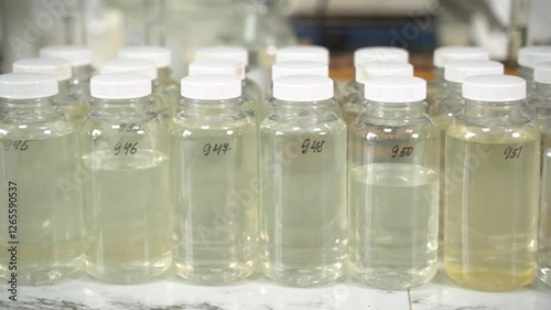 Panorama of water samples for analysis in plastic jars