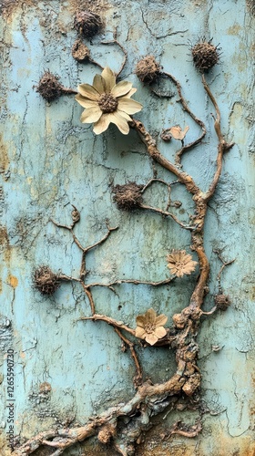 Botanical assemblage art featuring a vine with flowers on weathered background