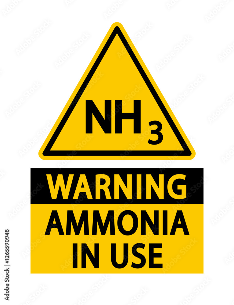 Warning ammonia in use.Yellow triangle warning sign with chemical formula and text below. Warning ammonia in use.Yellow triangle warning sign with chemical formula and text below.