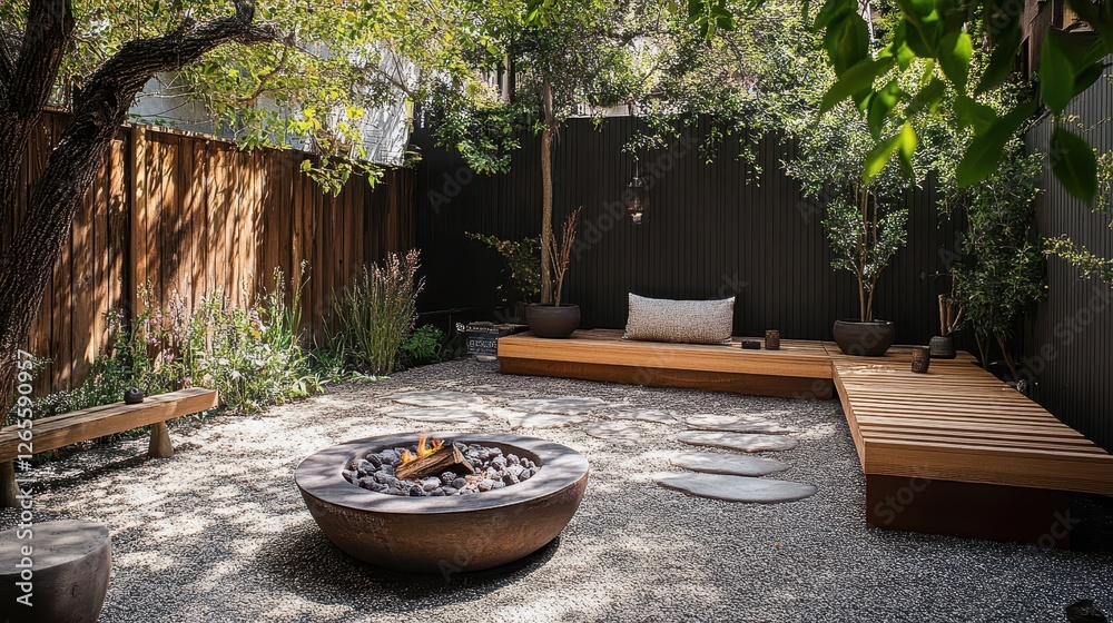 Contemporary backyard patio featuring a fire pit and wooden benches Contemporary backyard patio featuring a fire pit and wooden benches