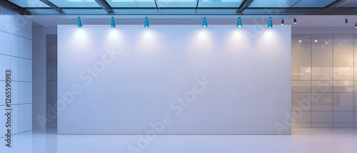 A massive rectangular white wall lit by six cyan spotlights, located in a minimalist gallery with glossy white tiles and frosted skylights.