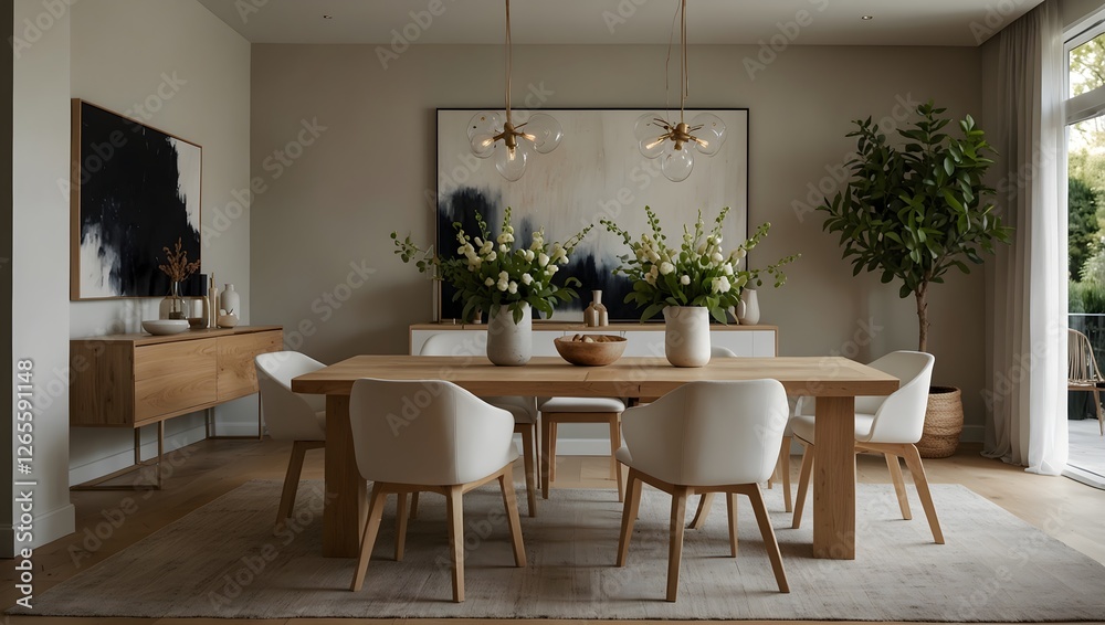 Obraz premium Light-filled dining room with natural wood table, white chairs, and minimalist decor