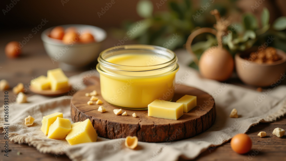 Jars of yellow beef tallow on a rustic wooden board with cheese chunks and herbs. Jars of yellow beef tallow on a rustic wooden board with cheese chunks and herbs.