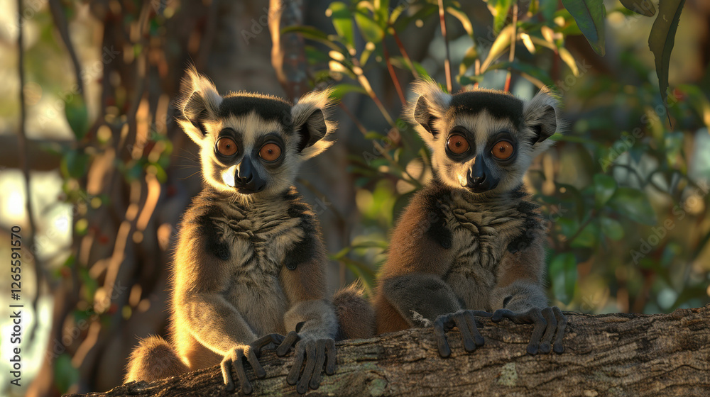Fototapeta premium Two madagascar's lemurs sitting on a tree.