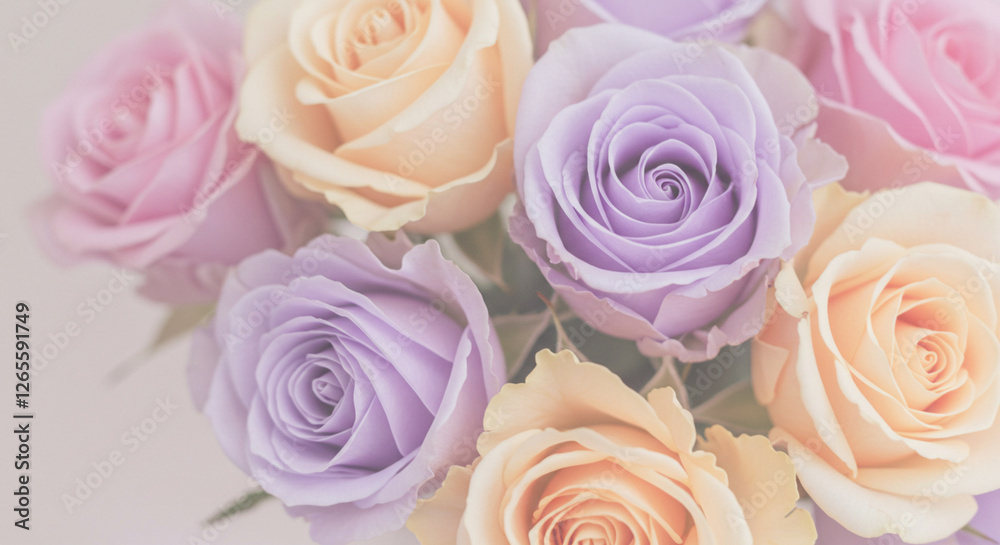 Fototapeta premium A bouquet of pastel roses with delicate petals, photographed with soft focus, capturing their romantic beauty
