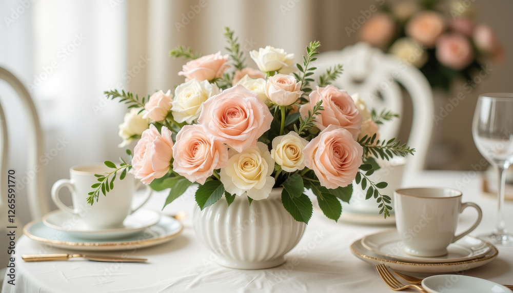 Elegant bouquet of blush and cream flowers on vintage table setting, celebration Elegant bouquet of blush and cream flowers on vintage table setting, celebration