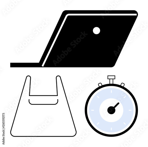 Laptop shopping bag and stopwatch. Ideal for e-commerce, online shopping, time management, technology, productivity, retail, and efficiency. Line metaphor