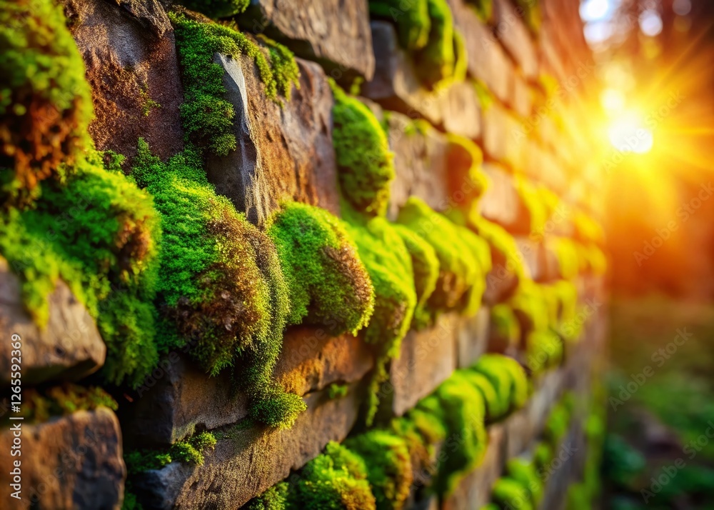 Ancient Brick Wall Texture with Moss Close-Up, Sunlight, Copy Space Left Ancient Brick Wall Texture with Moss Close-Up, Sunlight, Copy Space Left