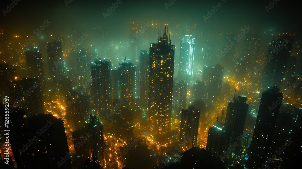 Fototapeta premium Foggy Metropolis Night Aerial Cityscape