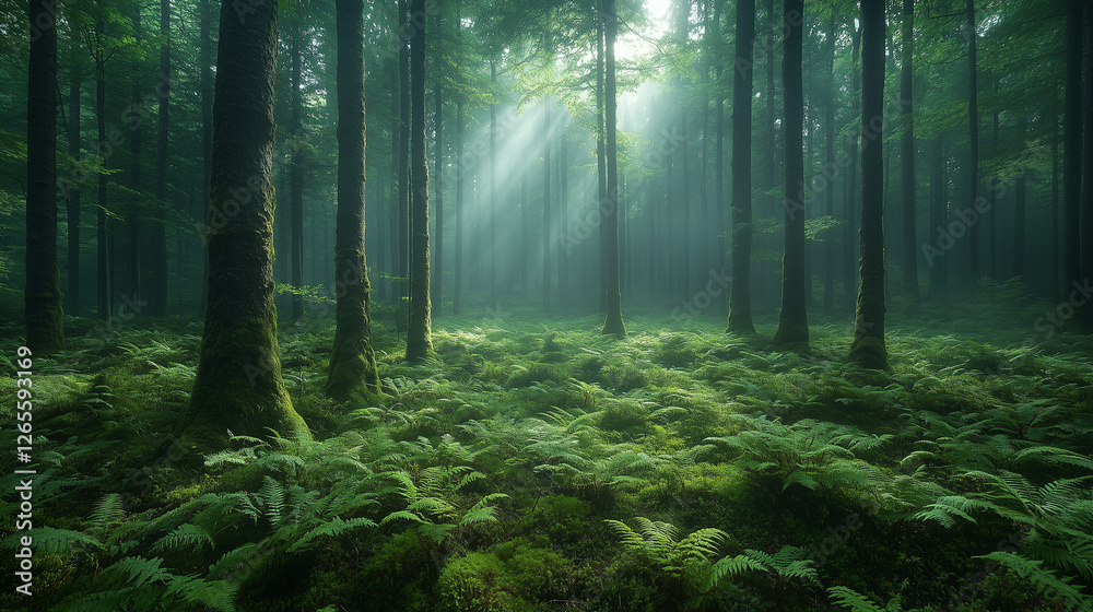 Fototapeta premium Lush green forest with mist and sunlight filtering through tall trees in early morning light. Generative AI
