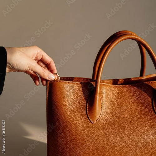 Female hand holding elegant brown leather handbag with minimalist design
