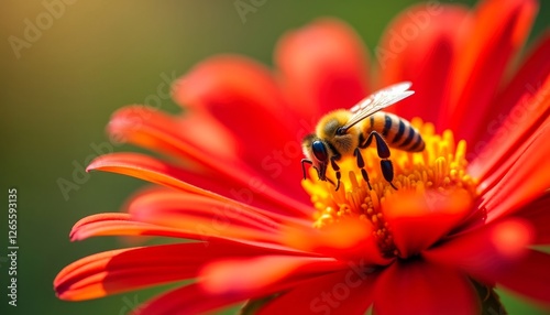 A vibrant red flower with a bee collecting pollen, showcasing nature's beauty and the vital role of pollinators.