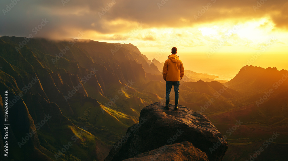Fototapeta premium Adventurous traveler wearing a lightweight jacket, standing on top of a scenic mountain viewpoint with sunrise in the background