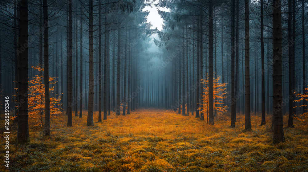 Obraz premium Dense forest pathway with tall trees and vibrant autumn foliage in the early morning light. Generative AI