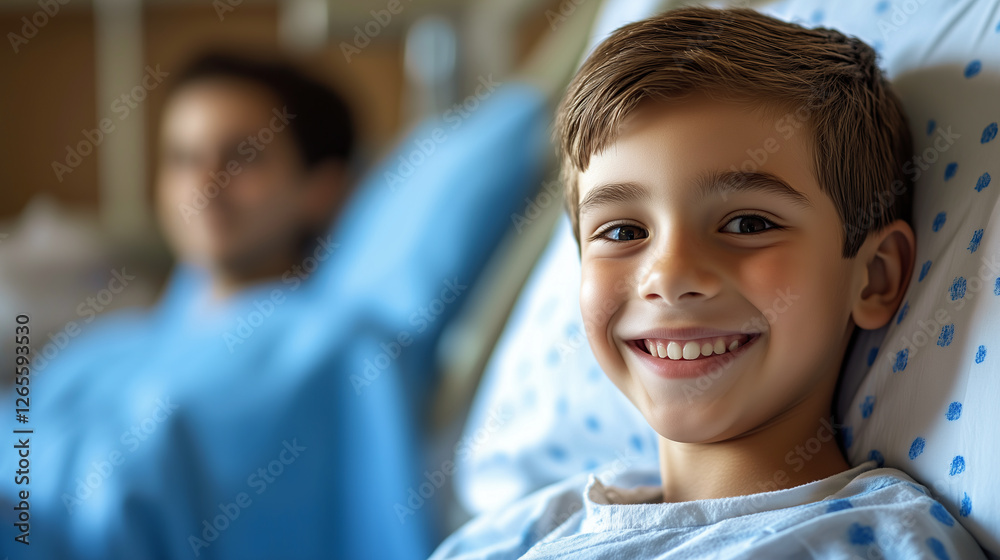 Cheerful boy with a bright smile lies on a hospital bed, dressed in a hospital gown, radiating positivity and resilience Cheerful boy with a bright smile lies on a hospital bed, dressed in a hospital gown, radiating positivity and resilience