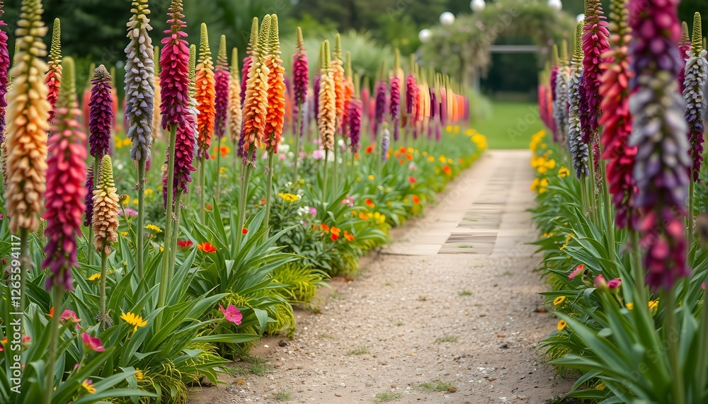 A Colorful Garden Path with Foxtail Lilies in Full Bloom A Colorful Garden Path with Foxtail Lilies in Full Bloom