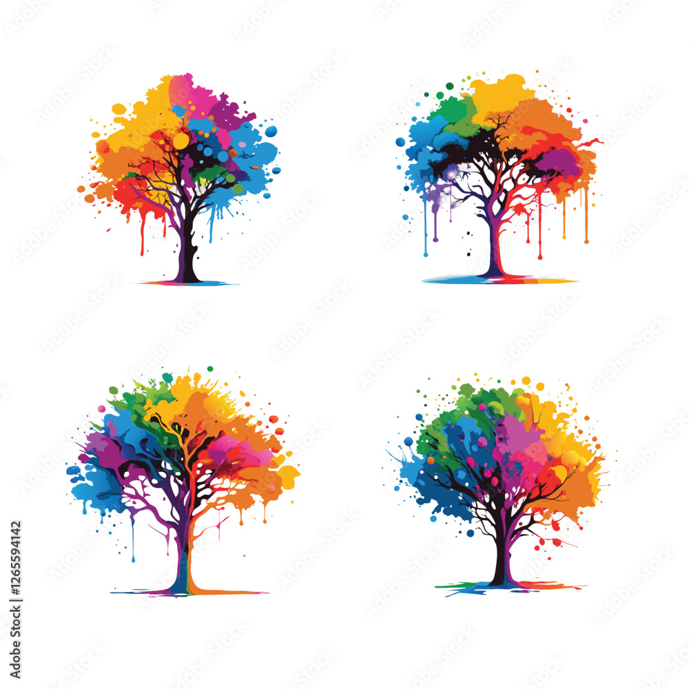 4 icon 3d tree design splash of paint colorful abstract 