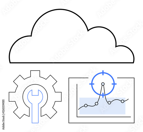 Cloud outline, chart with data points and target icon, gear with wrench. Ideal for cloud storage, data analysis, IT services, tech solutions, innovation, optimization abstract line flat metaphor