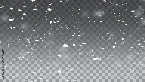 Snow and wind. Vector heavy snowfall, snowflakes in various shapes and forms. Many white cold flakes elements on a transparent background.