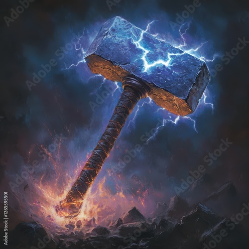 Wallpaper Mural A colossal warhammer forged from storm-infused metal, with a jagged thundercloud head, glowing rune, spiked crystalline surface, and obsidian leather handle, capable of discharging electric blasts and Torontodigital.ca