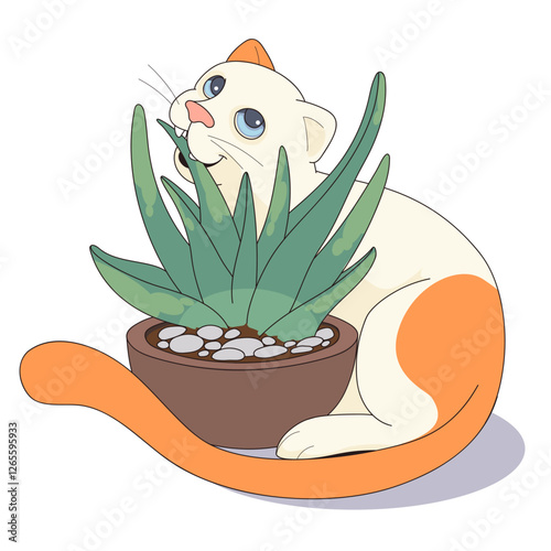 The sly cat is eating a plant in a flowerpot. Funny and cozy vector illustration.