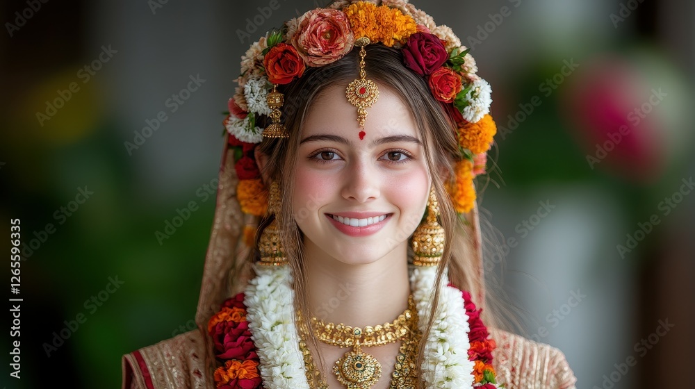 A woman wearing a gold and orange headpiece and a gold and orange dress. She is smiling and looking at the camera A woman wearing a gold and orange headpiece and a gold and orange dress. She is smiling and looking at the camera