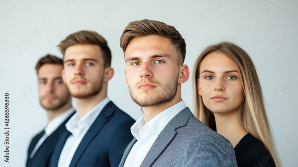 Professional Group of Young Adults with Neutral Expressions in a Row Professional Group of Young Adults with Neutral Expressions in a Row