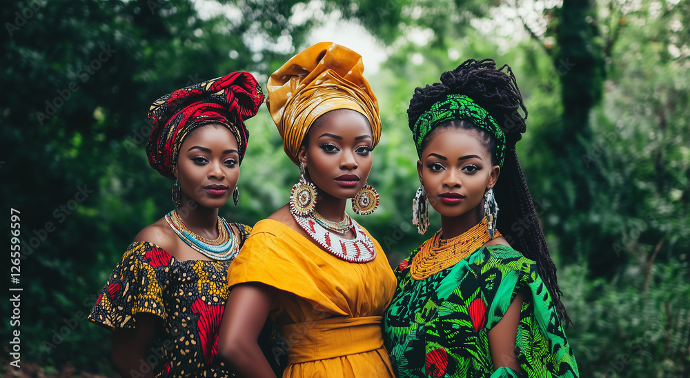 Fototapeta premium beautiful African women wearing traditional fashion, in different styles of African and dresses, standing together