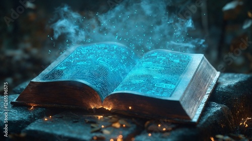 Arcane knowledge ancient glowing spellbook with magical aura for fantasy, learning, and mystical storytelling, for Fantasy and Educational Content photo