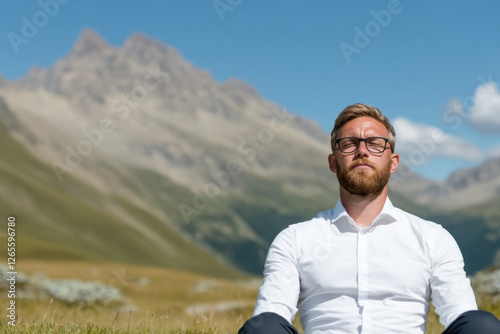 A man in a white shirt sits in a field, looking out over the mountains