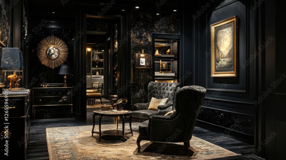 Elegantly designed dark and luxurious living room with ornate details