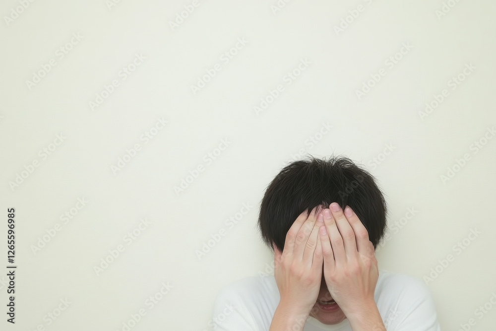 A man is looking down and covering his face with his hands A man is looking down and covering his face with his hands