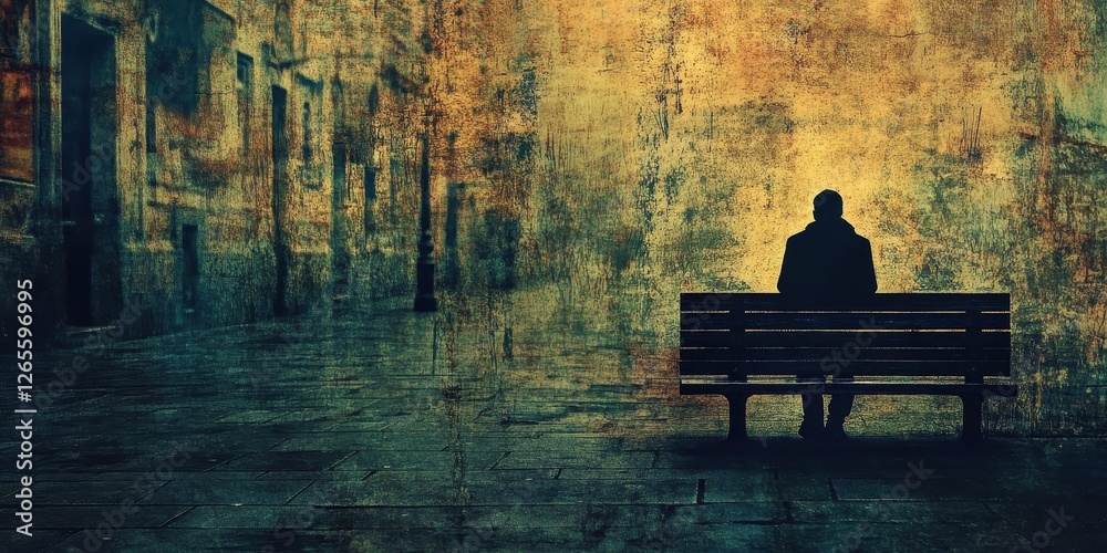 Lonely silhouette sits on a bench in distressed urban setting Lonely silhouette sits on a bench in distressed urban setting
