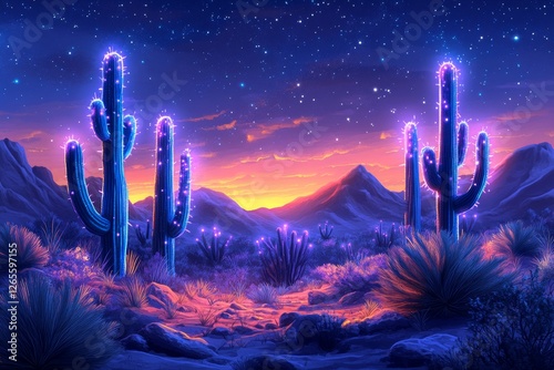 Surreal desert landscape with glowing neon cacti