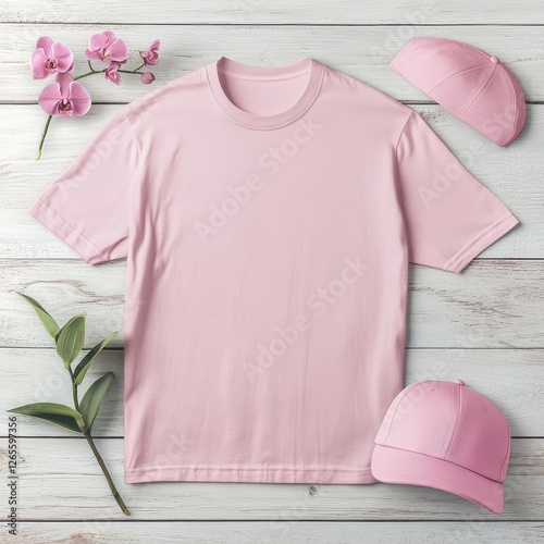 Wallpaper Mural A pink t-shirt mockup on a light gray wooden surface with a pink cap on the right and a small pink orchid plant on the left for a nice cinematic product branding view

 Torontodigital.ca